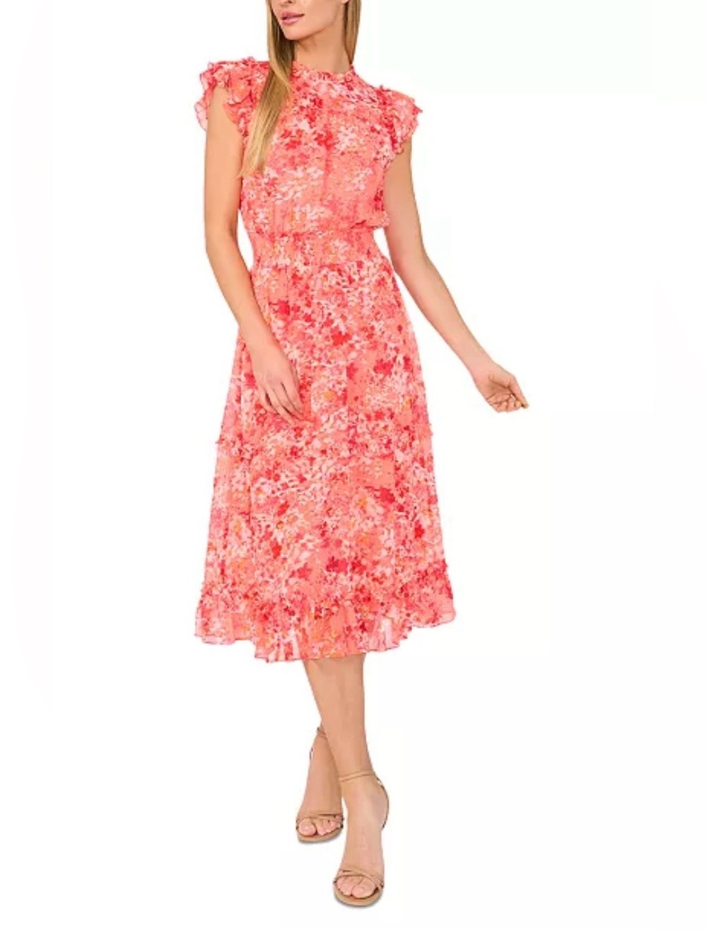 CeCe Women's Printed Ruffled Smocked-Waist Midi Dress